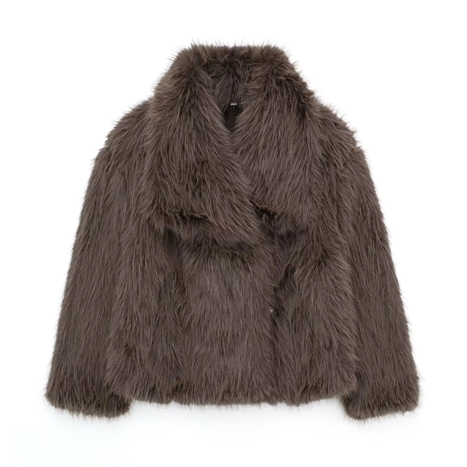 Veste épaisse en fausse fourrure marron – Col V, manches longues – Femme automne/hiver 2025, streetwear chic
