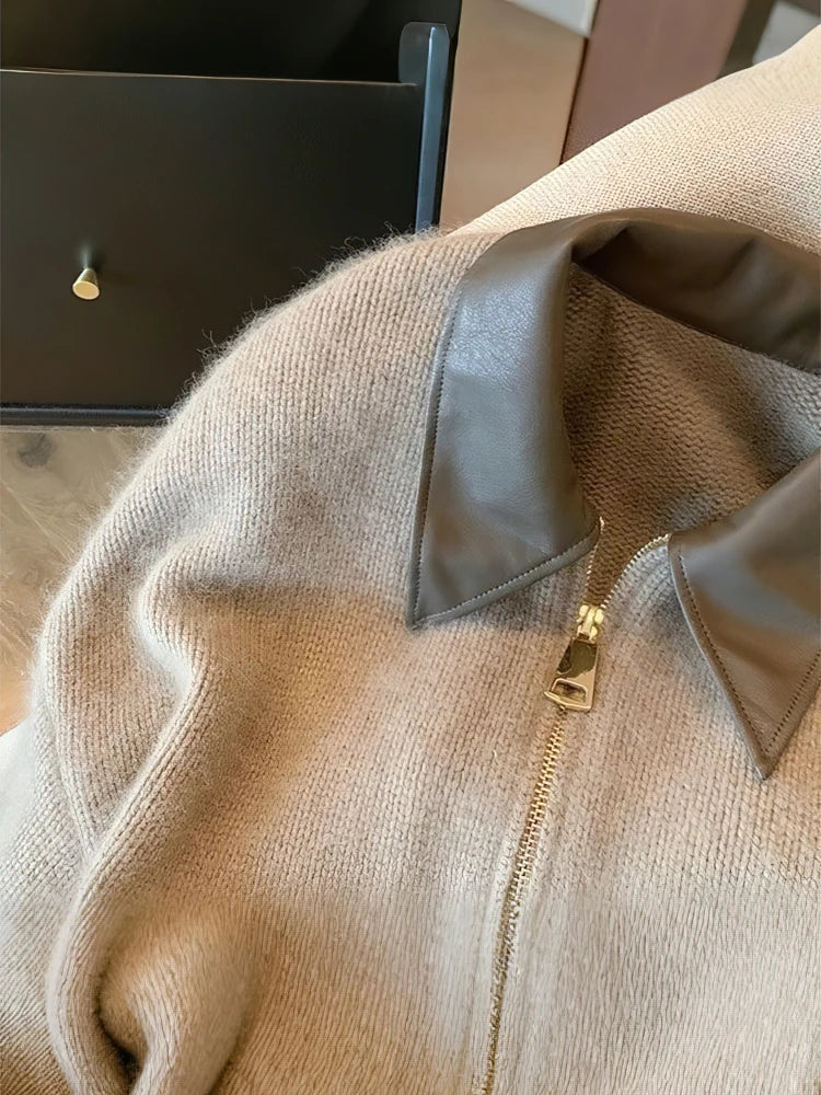 Veste Court Patchwork à Fermeture Éclair pour Femme – Pull Tricoté Épais
