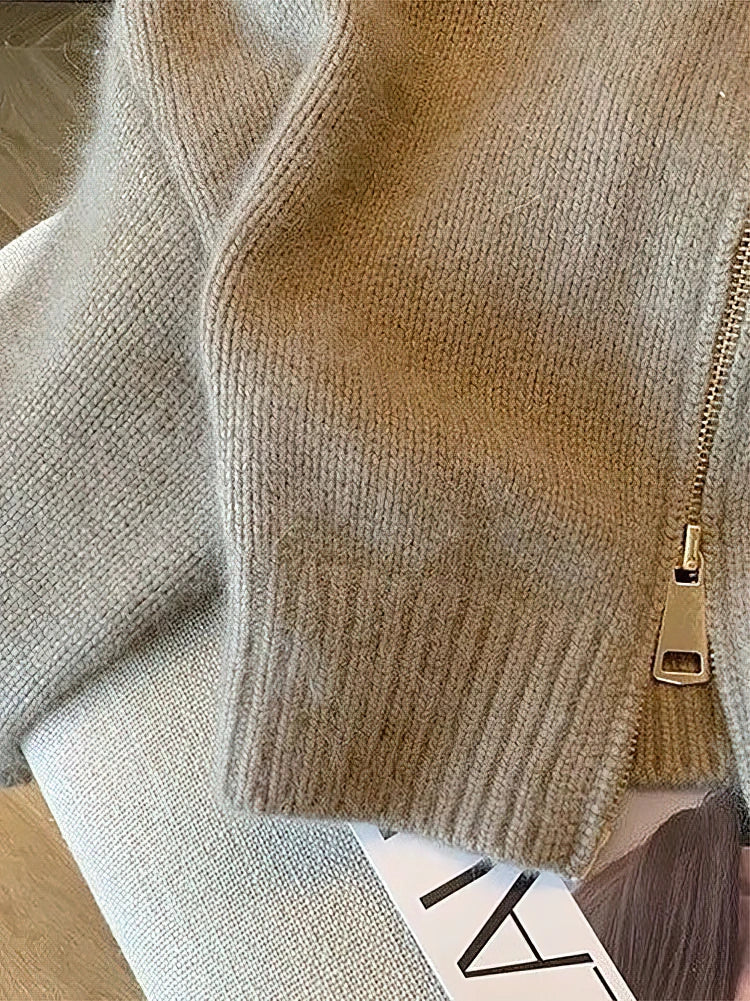 Veste Court Patchwork à Fermeture Éclair pour Femme – Pull Tricoté Épais