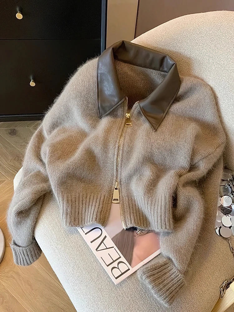 Veste Court Patchwork à Fermeture Éclair pour Femme – Pull Tricoté Épais