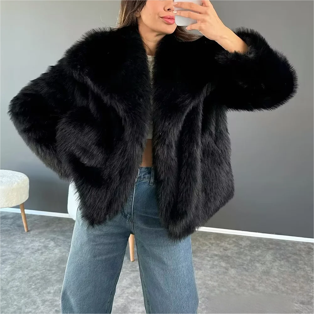 Veste épaisse en fausse fourrure marron – Col V, manches longues – Femme automne/hiver 2025, streetwear chic